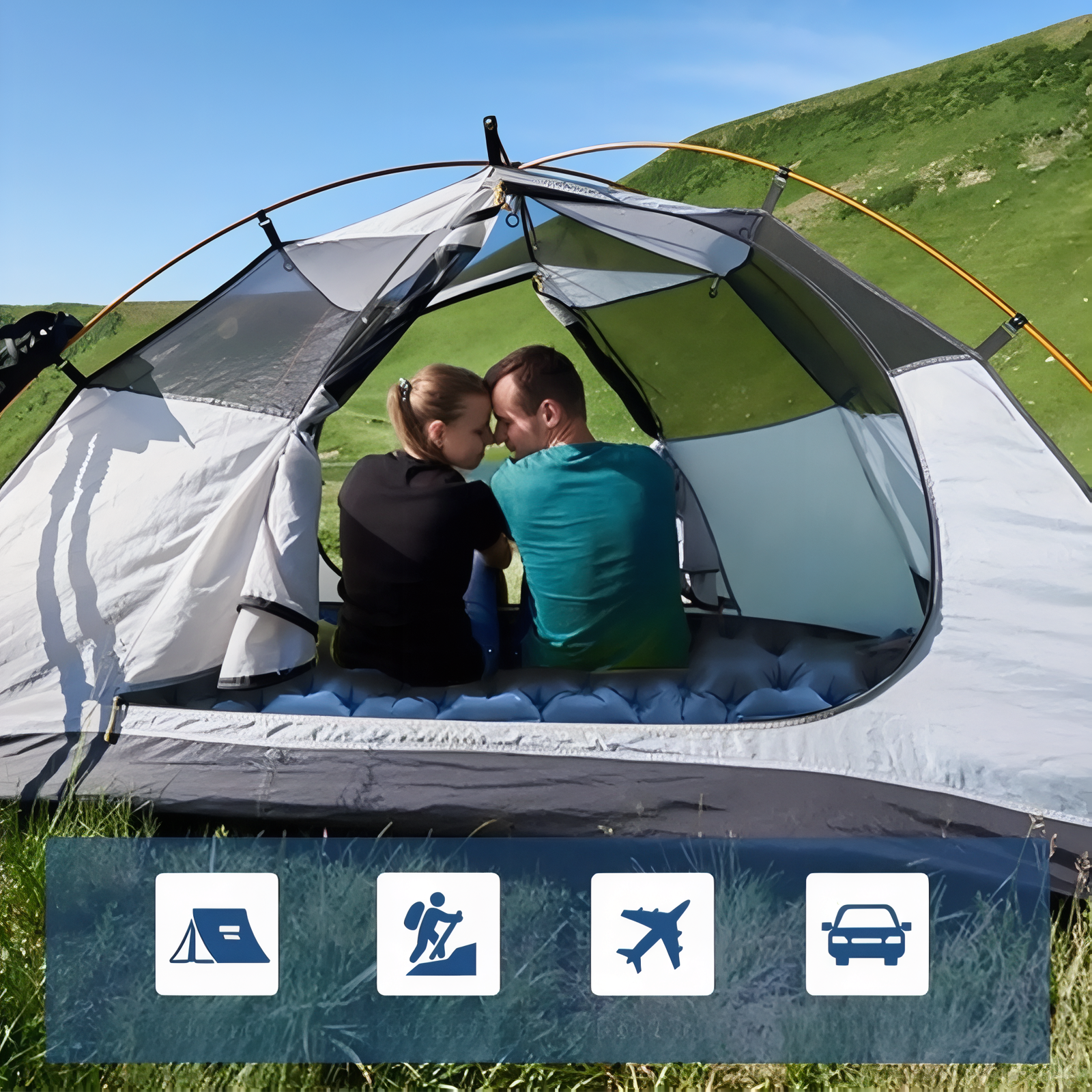Two-Person Inflatable Sleeping Pad Camping Mat with Built-In Pillows