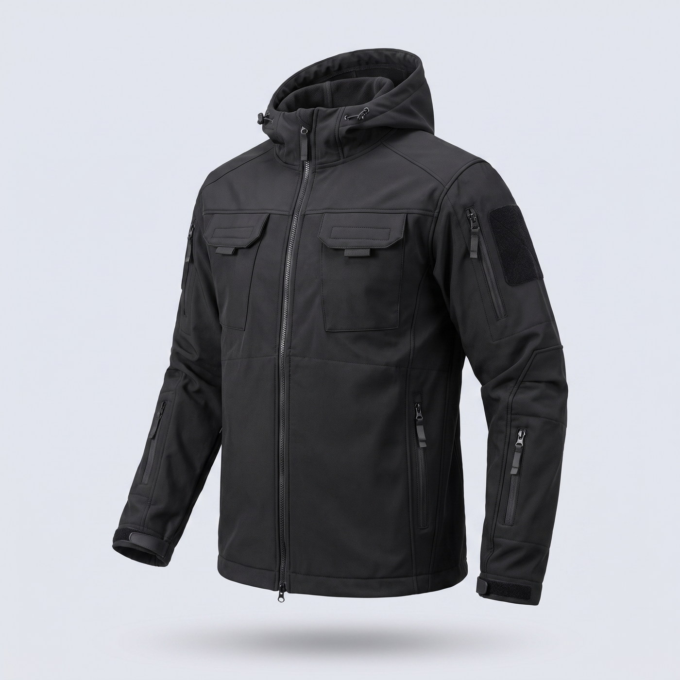 Black 5-in-1 softshell tactical jacket with attached hood and flapped chest pockets