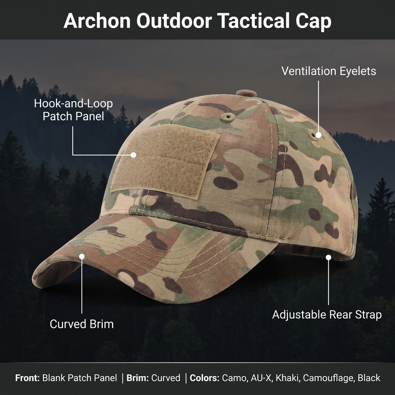 Feature overview of the tactical cap: hook-and-loop patch panel, curved brim, ventilation eyelets, adjustable rear strap