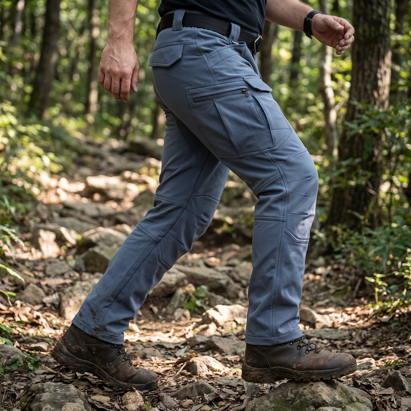 Hiker on a rocky forest trail wearing the softshell tactical pants