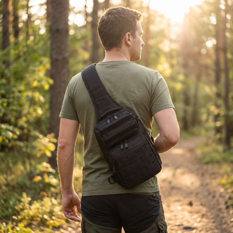 Man on a forest trail wearing the tactical sling pack across his back on a single strap