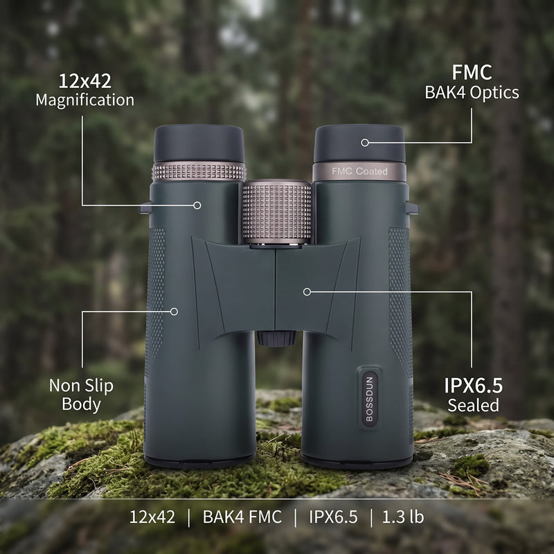 Binoculars 12x42 Compact Waterproof BAK4 FMC Optics Hiking Birding, product photo 2