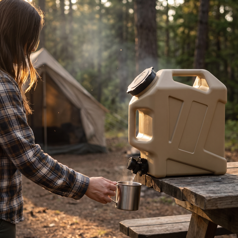 Filling a mug from the 12L camping water jug spigot at a campsite