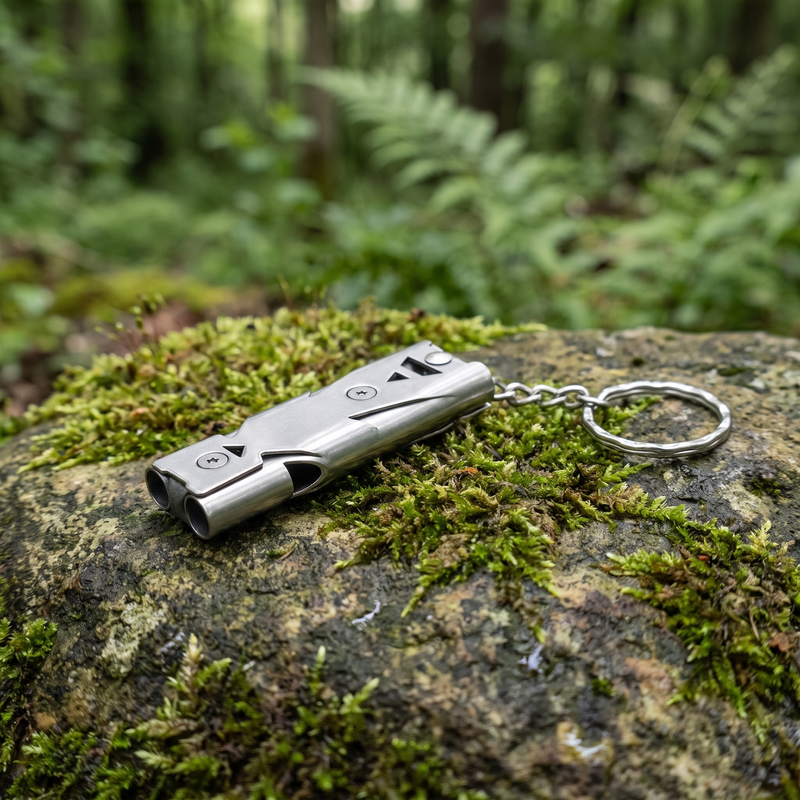 Double tube survival whistle outdoors on a mossy rock
