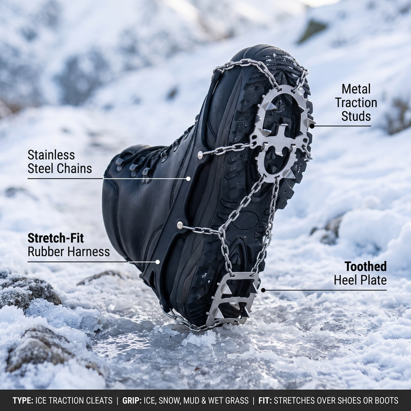 Ice traction cleats feature callouts: stainless steel chains, stretch-fit rubber harness, metal traction studs and toothed heel plate