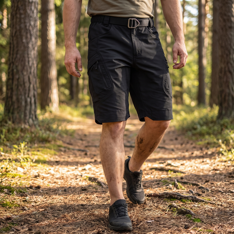 Hiker on a forest trail wearing the black IX9 tactical shorts with D-ring belt
