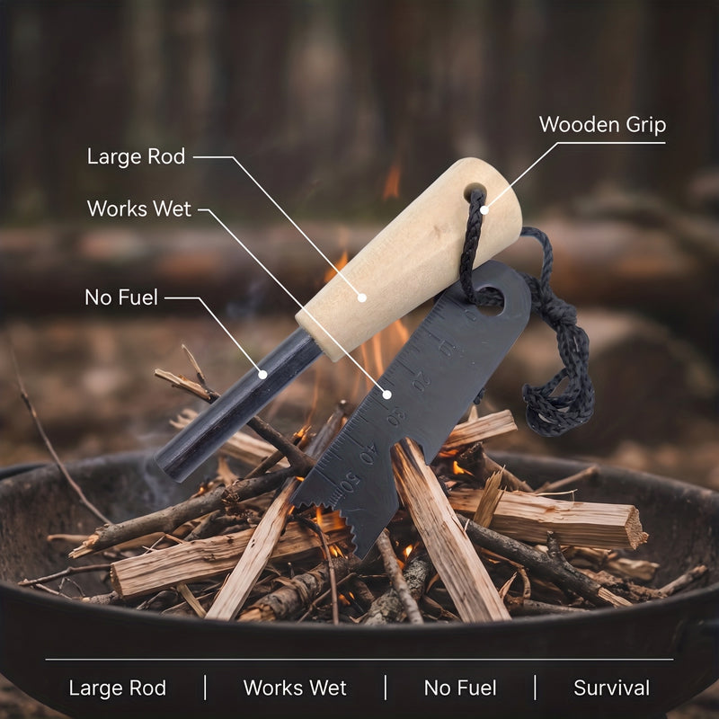 Large Ferro Rod Fire Starter Wooden Grip Survival Flint Striker, product photo 2
