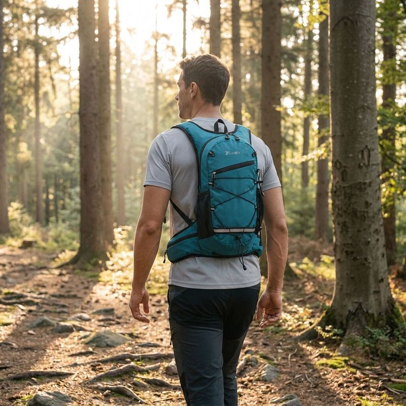 Man hiking on a forest trail wearing the lightweight teal daypack