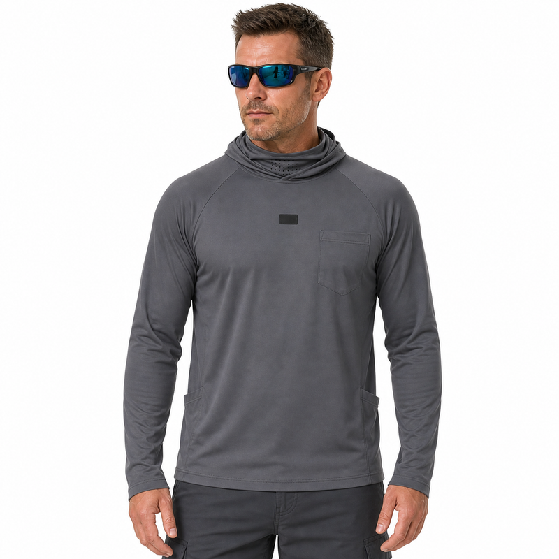 Lightweight Quick-Dry UPF 50+ Hooded Sun Shirt with Built-In Neck Gaiter in Charcoal Gray