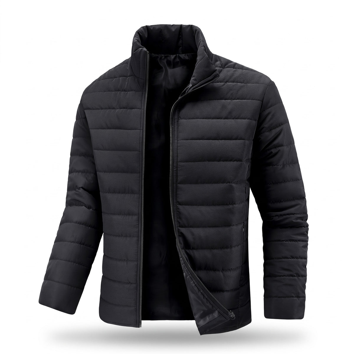 Men's Black Quilted Winter Jacket Slim Fit Stand Collar Zip, product photo 1