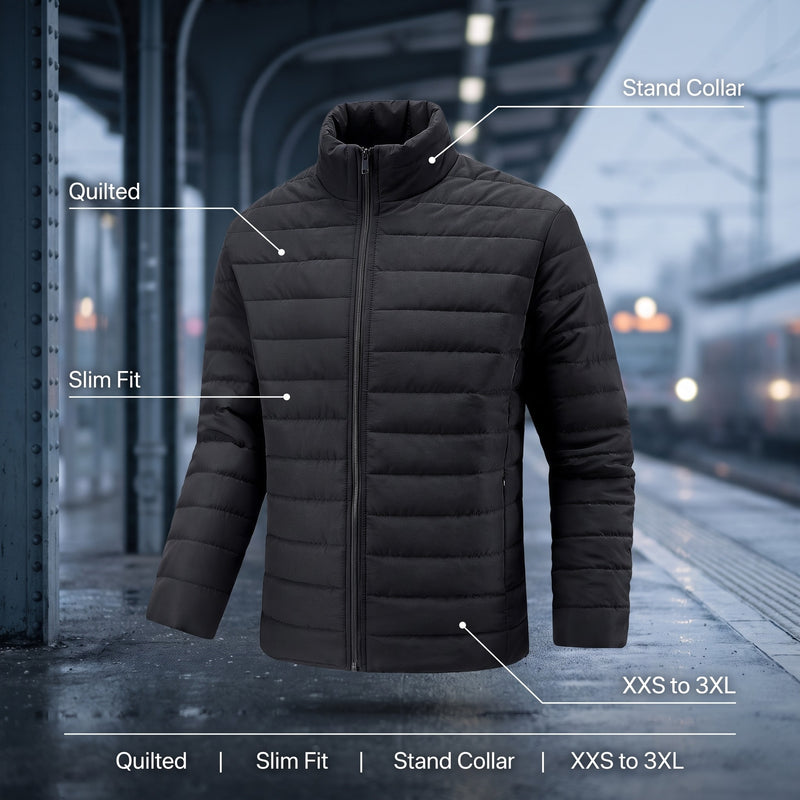 Men's Black Quilted Winter Jacket Slim Fit Stand Collar Zip, product photo 2
