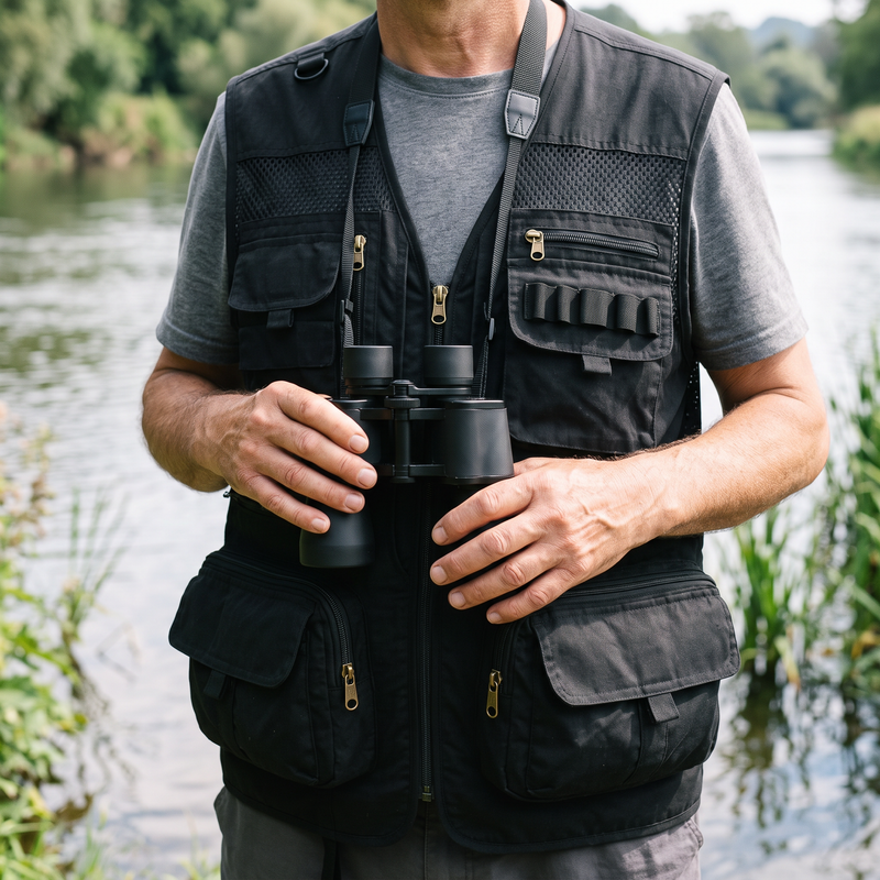 Man beside a river wearing the black classic outdoor cargo vest