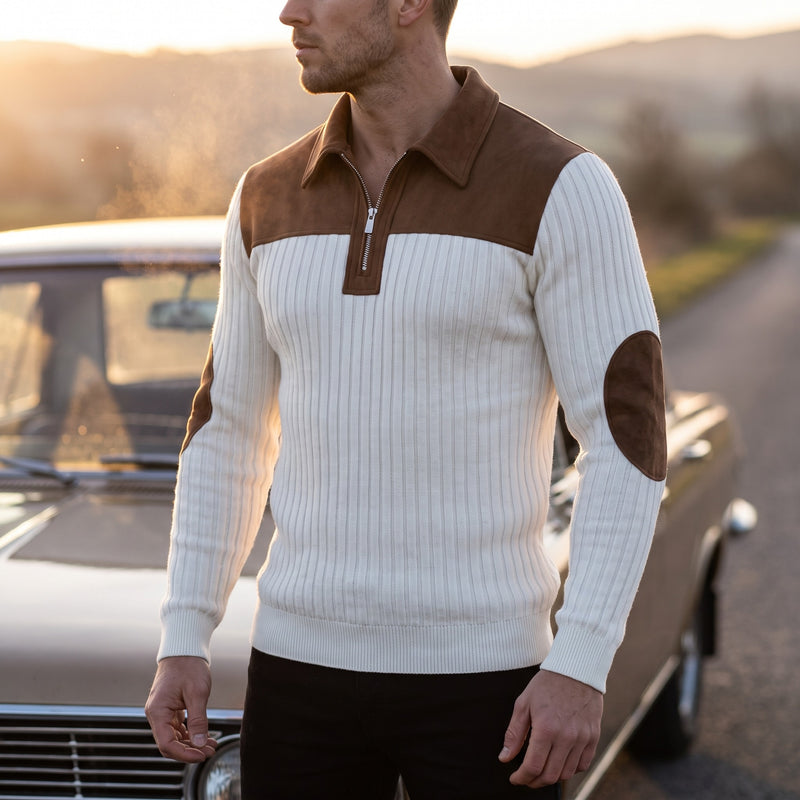 Men's Color Block Pullover Stand Collar Thick Knit Zip Detail Jumper, product photo 3