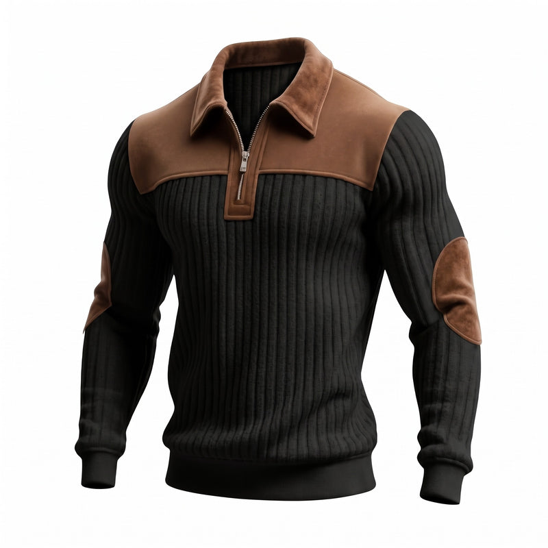 Men's Color Block Pullover Stand Collar Thick Knit Zip Detail Jumper, product photo 7