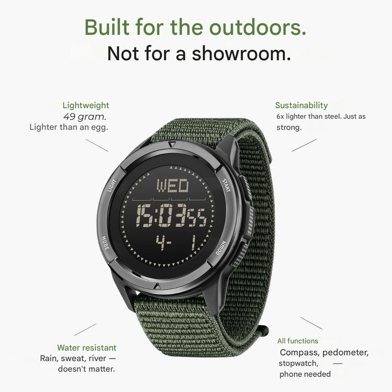 Men’s Digital Outdoor Watch Water Resistant Carbon Fiber Sports Watch – product view 3 | Great Lakes Outdoor