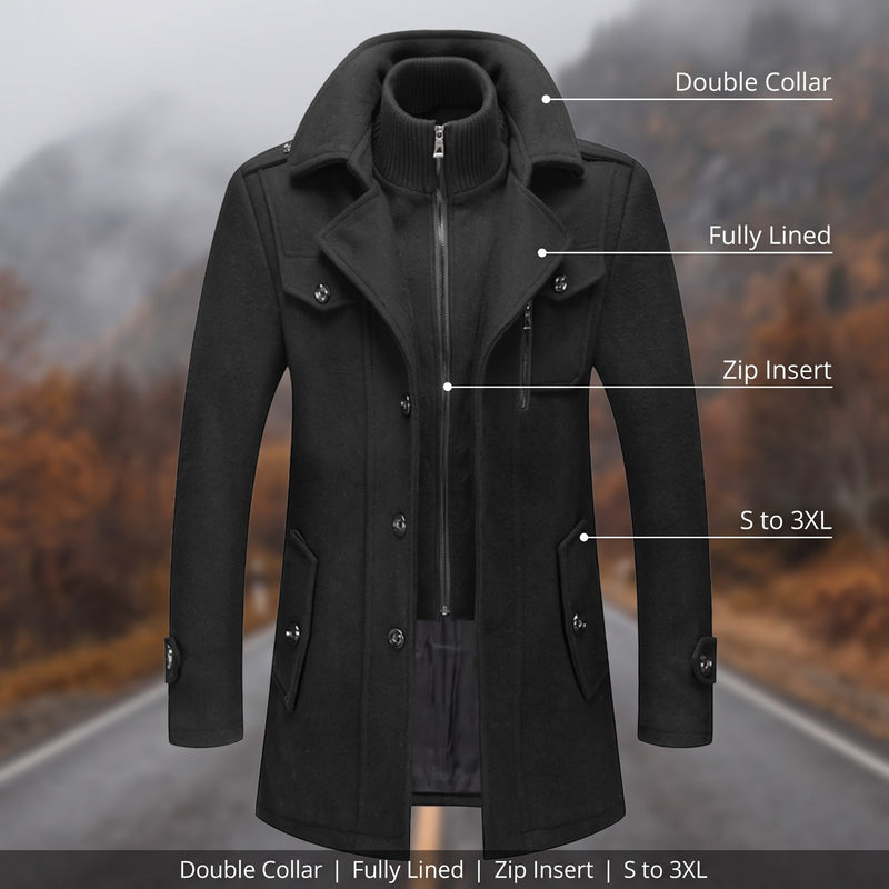 Men's Double Collar Overcoat Lined Single Breasted Long Winter Coat, product photo 2