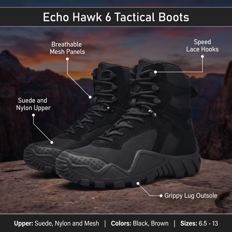 Feature overview of the Echo Hawk 6 tactical boots: suede and nylon upper, breathable mesh panels, speed lace hooks, grippy lug outsole