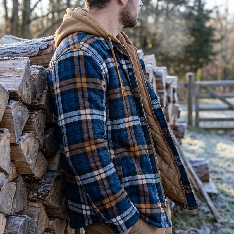 Men’s Flannel Shirt Jacket Hooded Zip Front Plaid Thick Warm, product photo 5