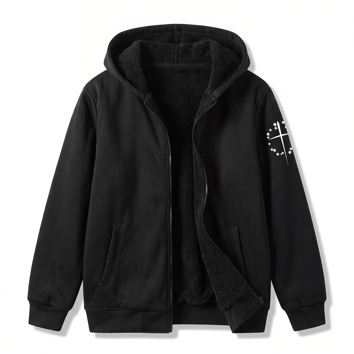 Men's Fleece Jacket Hooded Zip Pockets Simple Chest Graphic, product photo 1