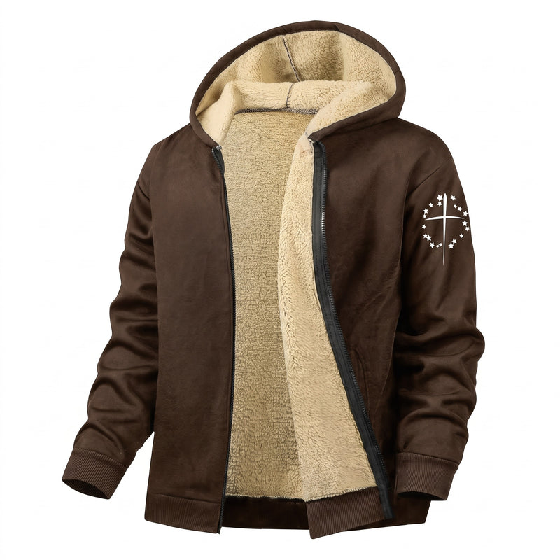 Men's Fleece Jacket Hooded Zip Pockets Simple Chest Graphic, product photo 10