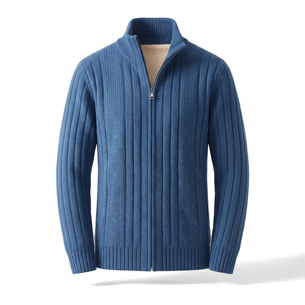 Men's Fleece Lined Cardigan Full Zip Ribbed Knit Stand Collar Sweater