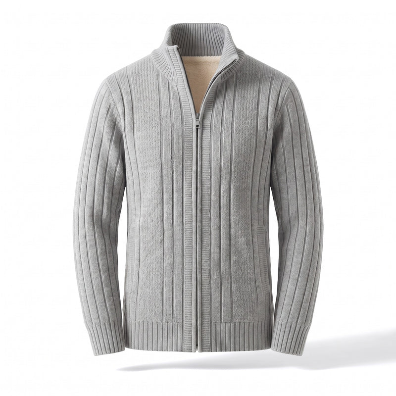 Men's Fleece Lined Cardigan Full Zip Ribbed Knit Stand Collar Sweater, product photo 6