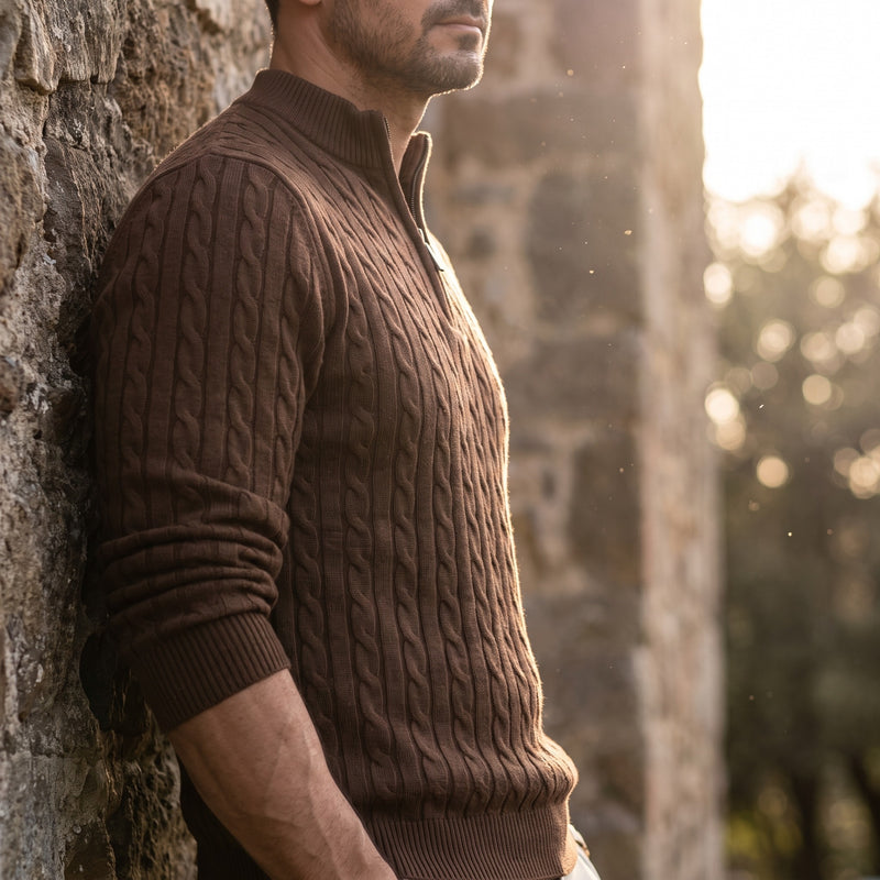 Men's Half Zip Sweater Cable Knit Stand Collar Wool Blend Jumper, product photo 3