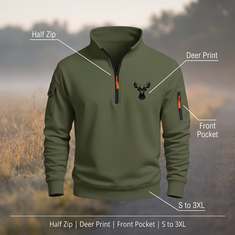 Men's Half Zip Sweatshirt Deer Print Stand Collar Pocket Pullover, product photo 2