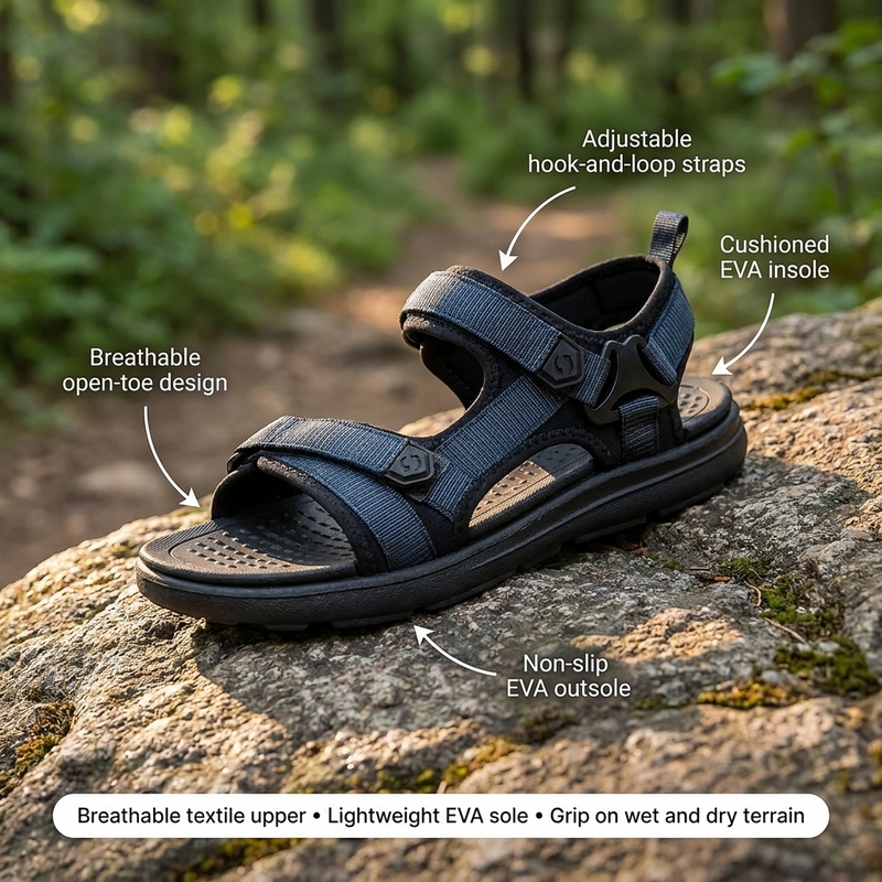 Feature overview of the men's hiking sandal: breathable open-toe design, adjustable hook-and-loop straps, cushioned EVA insole, non-slip EVA outsole