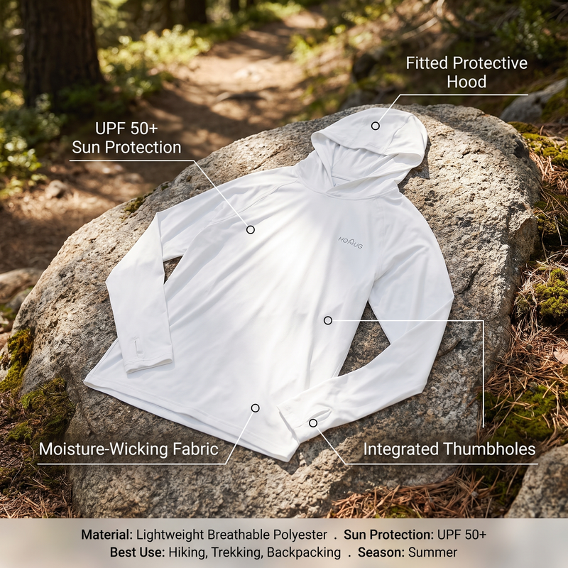 UPF 50+ hooded sun shirt infographic - sun protection, hood, moisture-wicking, thumbholes