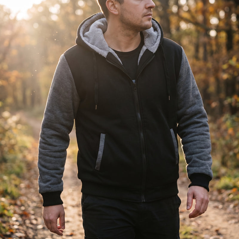 Men's Hooded Fleece Jacket Color Block Warm Casual Winter Coat, product photo 3