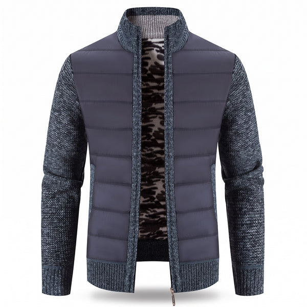 Men's Hybrid Bomber Jacket Quilted Front Knit Sleeves Stand Collar