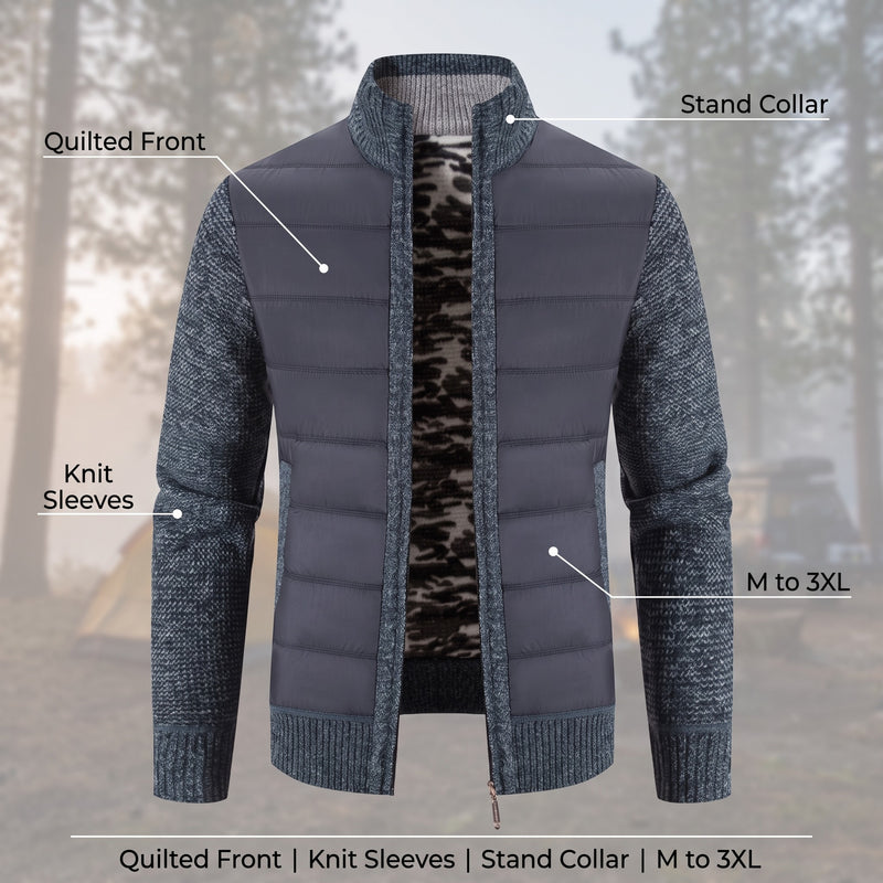 Men's Hybrid Bomber Jacket Quilted Front Knit Sleeves Stand Collar, product photo 2