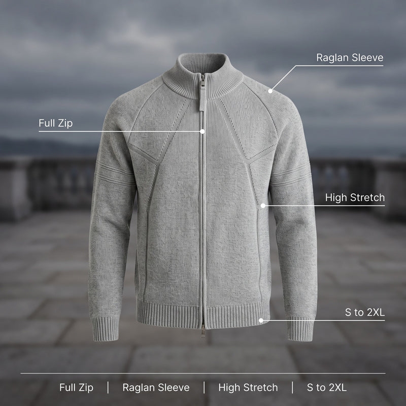 Men's Knit Cardigan Full Zip Stand Collar Raglan Sleeve Jacket, product photo 2