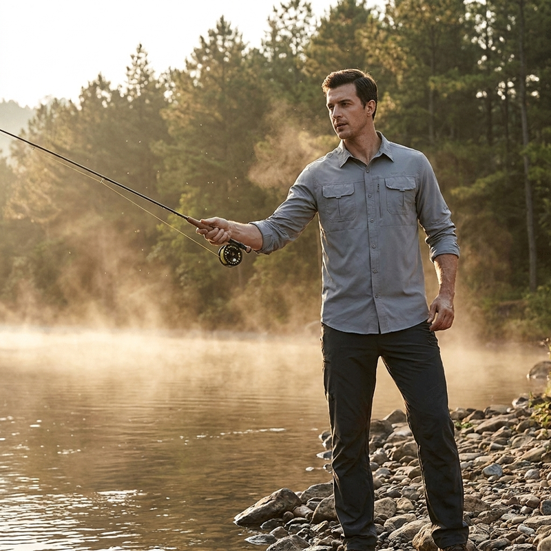 Man fly fishing at a misty river at sunrise wearing the grey long sleeve hiking shirt