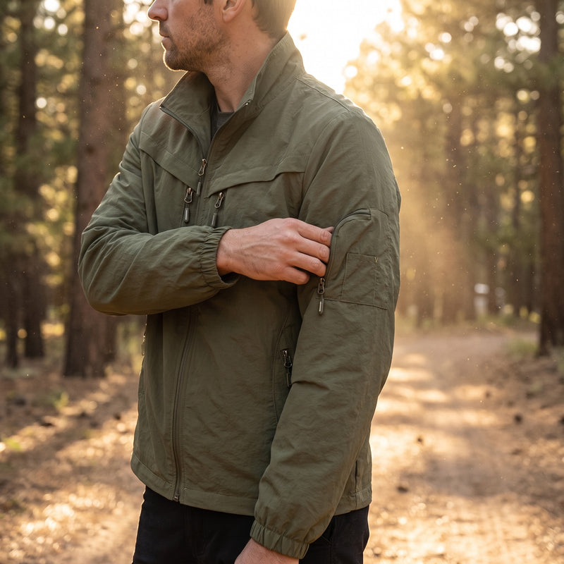 Men's Nylon Cargo Jacket Mesh Lined Zip Pockets Arm Pocket, product photo 3