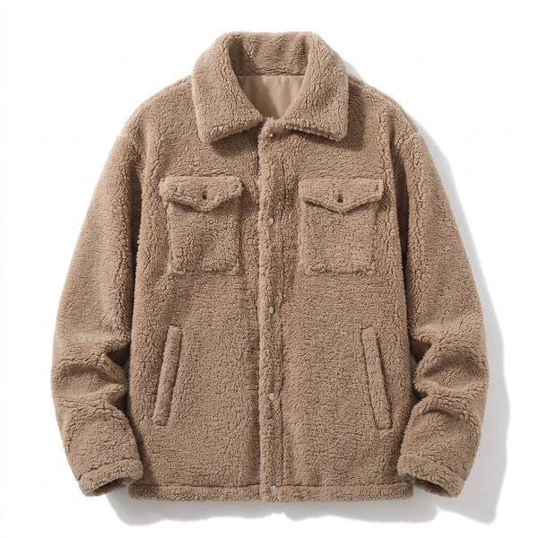 Men's Plush Fleece Jacket Notch Lapel Button Front Winter Coat
