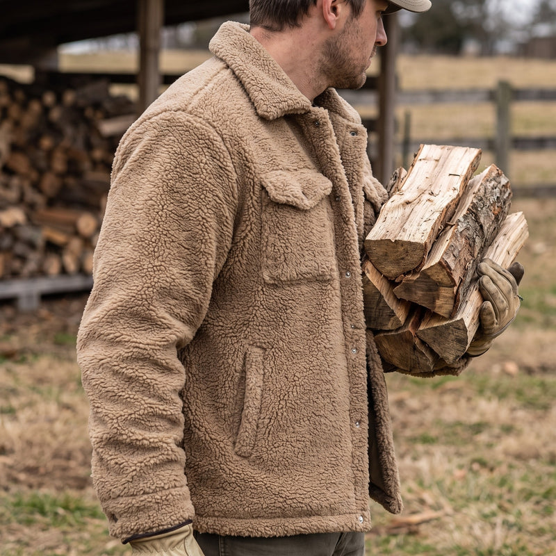 Men's Plush Fleece Jacket Notch Lapel Button Front Winter Coat, product photo 5