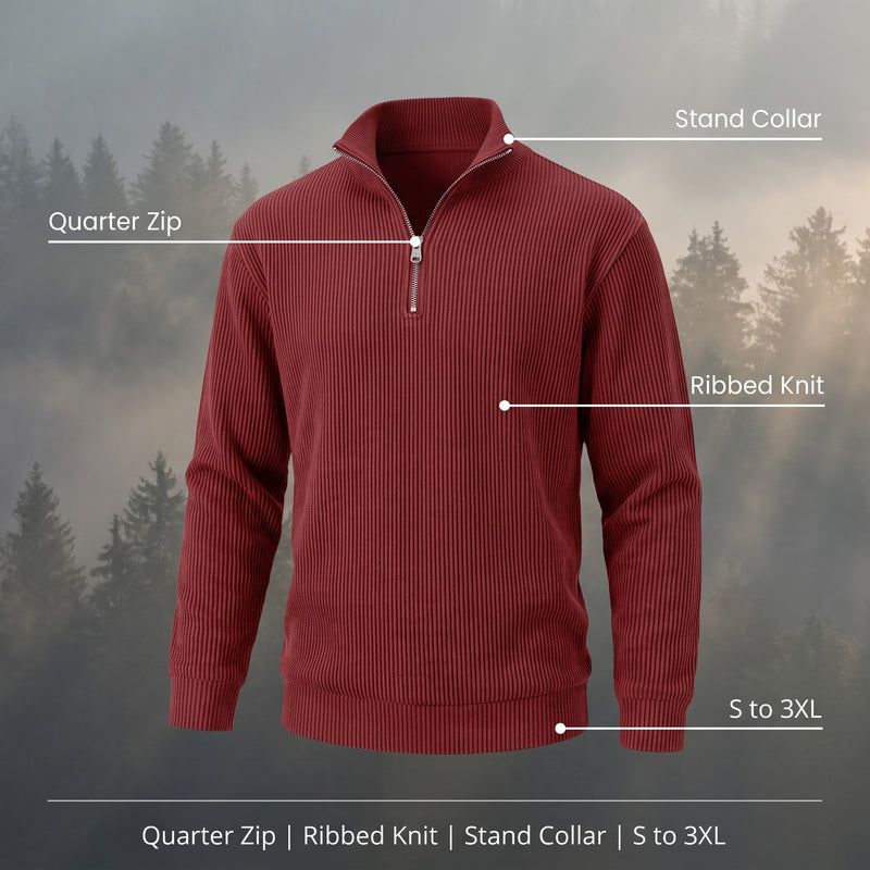Men's Quarter Zip Sweater Ribbed Knit Stand Collar Pullover Top, product photo 2