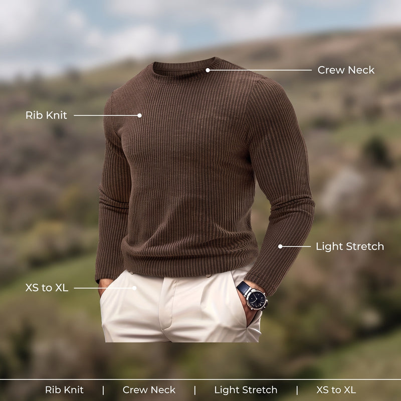 Men's Ribbed Knit Shirt Crew Neck Long Sleeve Stretch Casual Top, product photo 2