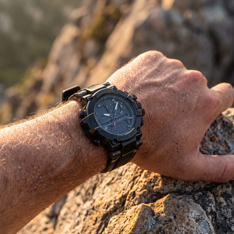 Close-up of the sports outdoor tactical watch worn on the wrist on a mountain