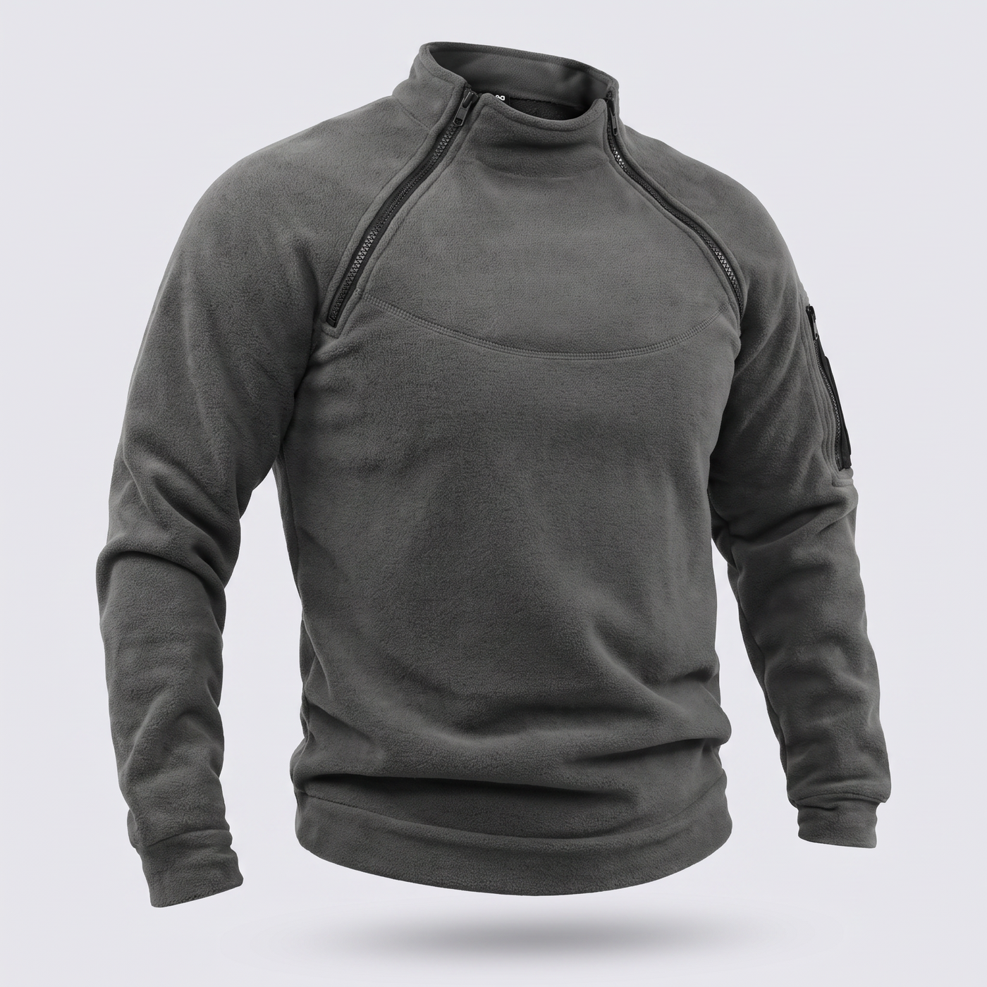 Men's warm fleece pullover in grey with stand-up collar and dual shoulder zippers