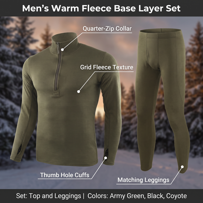 Feature overview of the warm fleece base layer set: quarter-zip collar, grid fleece texture, thumb hole cuffs, matching leggings