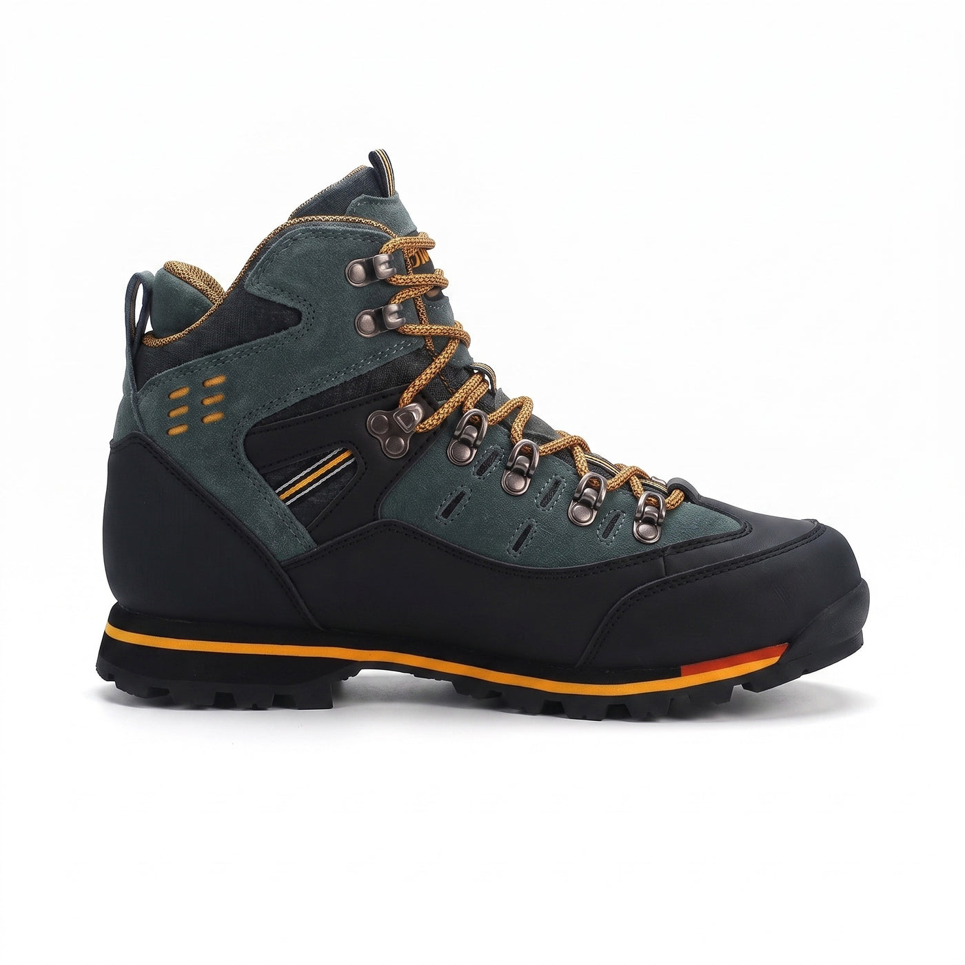 Men’s waterproof hiking boots in black, side view on a white background