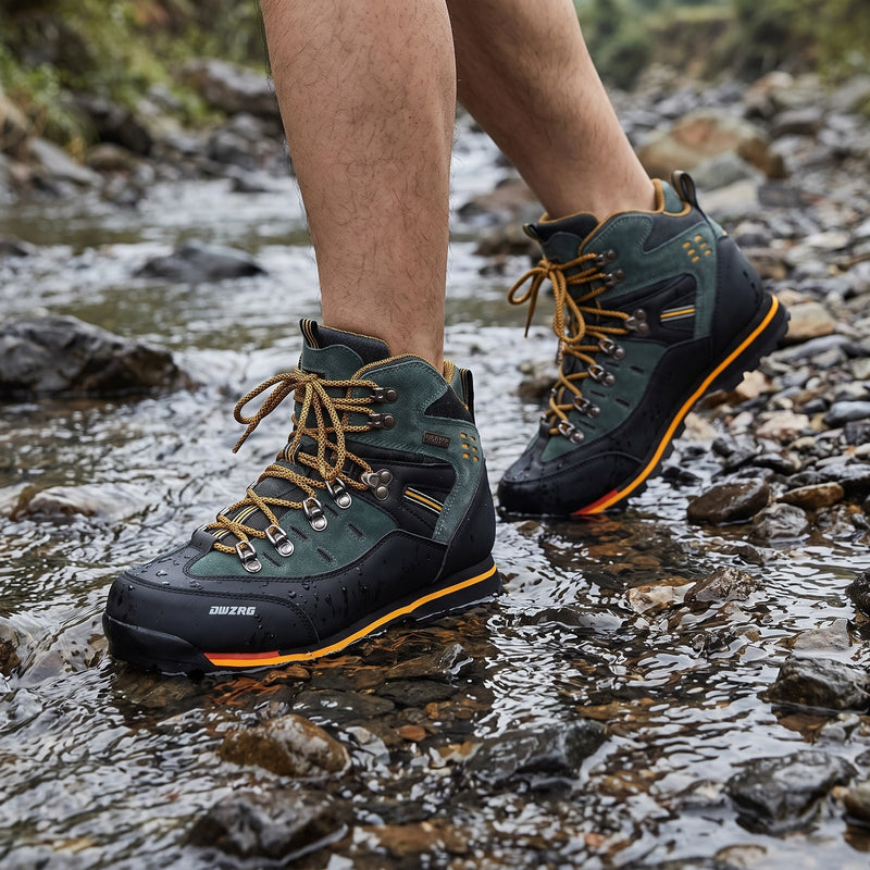 Hiker crossing a shallow stream in the men’s waterproof hiking boots