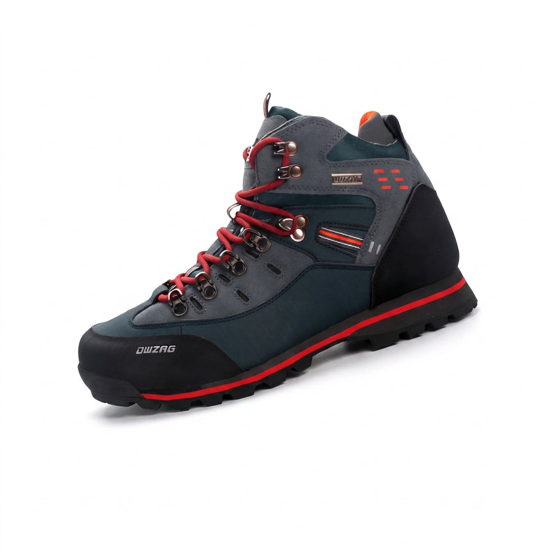 Men’s waterproof hiking boots in grey, side view on a white background
