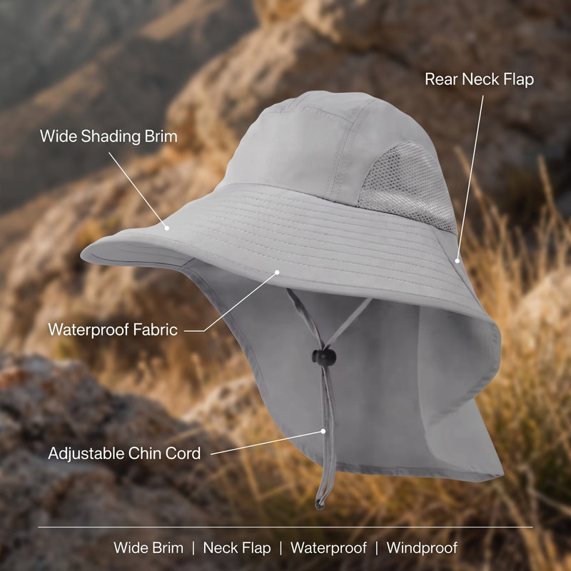 Men’s Wide Brim Sun Hat Waterproof Windproof Neck Flap Hiking Cap, product photo 2