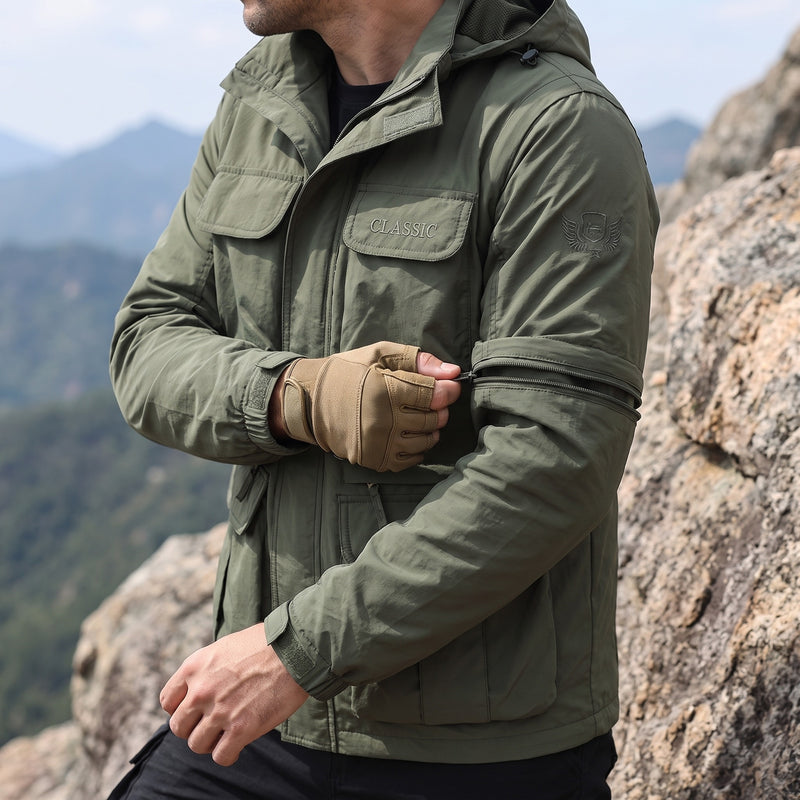 Men's Windbreaker Detachable Sleeves Hooded Multi Pocket Coat, product photo 5