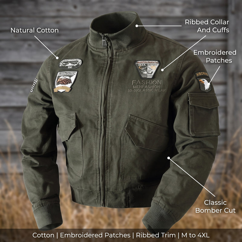 Military Bomber Jacket Army Green Cotton Embroidered Patches Men, product photo 2