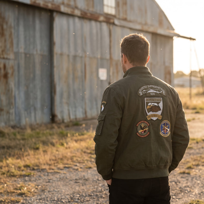 Military Bomber Jacket Army Green Cotton Embroidered Patches Men, product photo 3